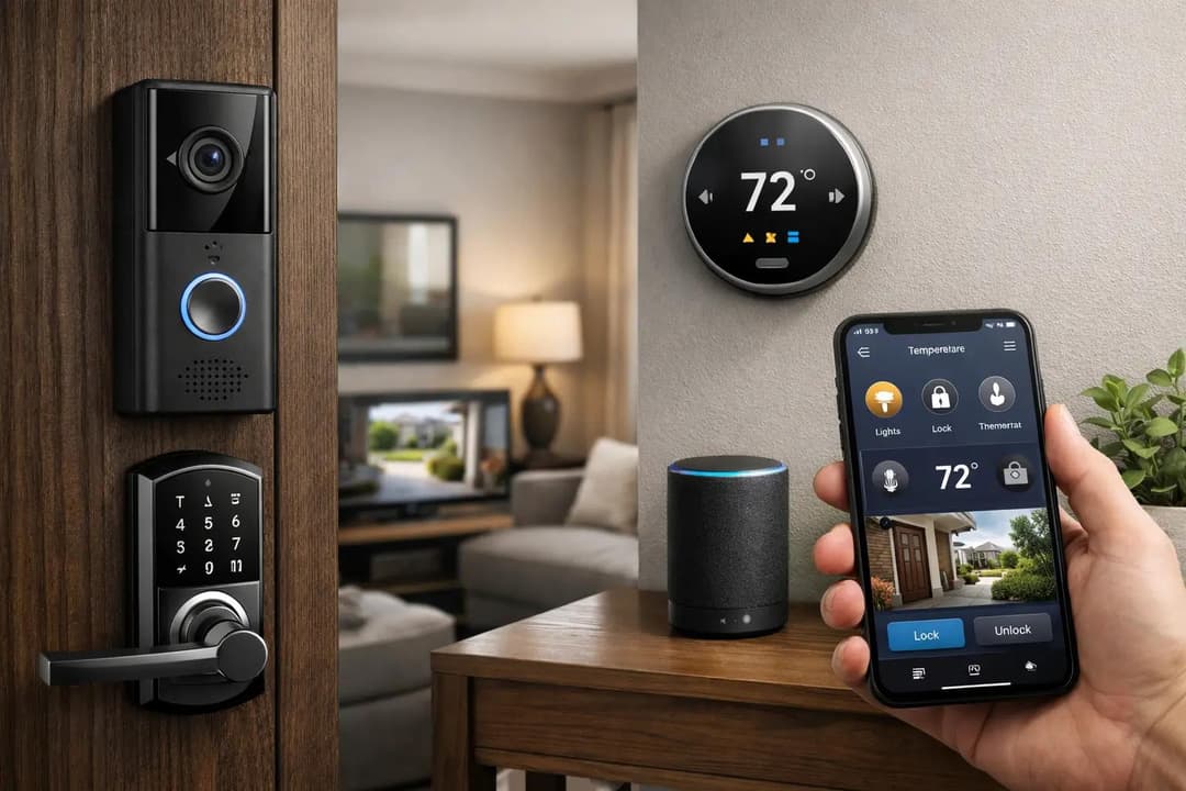 Smart home setup with video doorbell, smart lock, thermostat, and mobile app control for seniors and small businesses