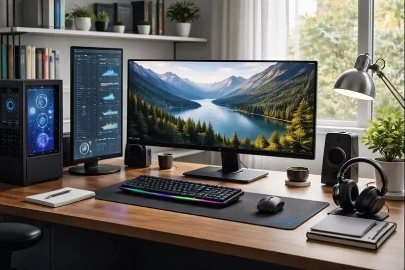Modern office computer setup with dual monitors, desktop PC, keyboard, mouse, and desk accessories in a well-lit workspace.