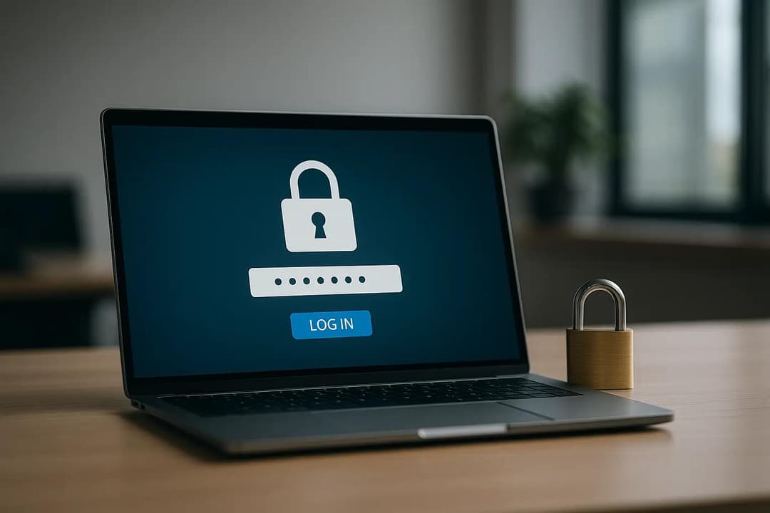 Laptop displaying secure login screen with password field and lock icon representing strong account security