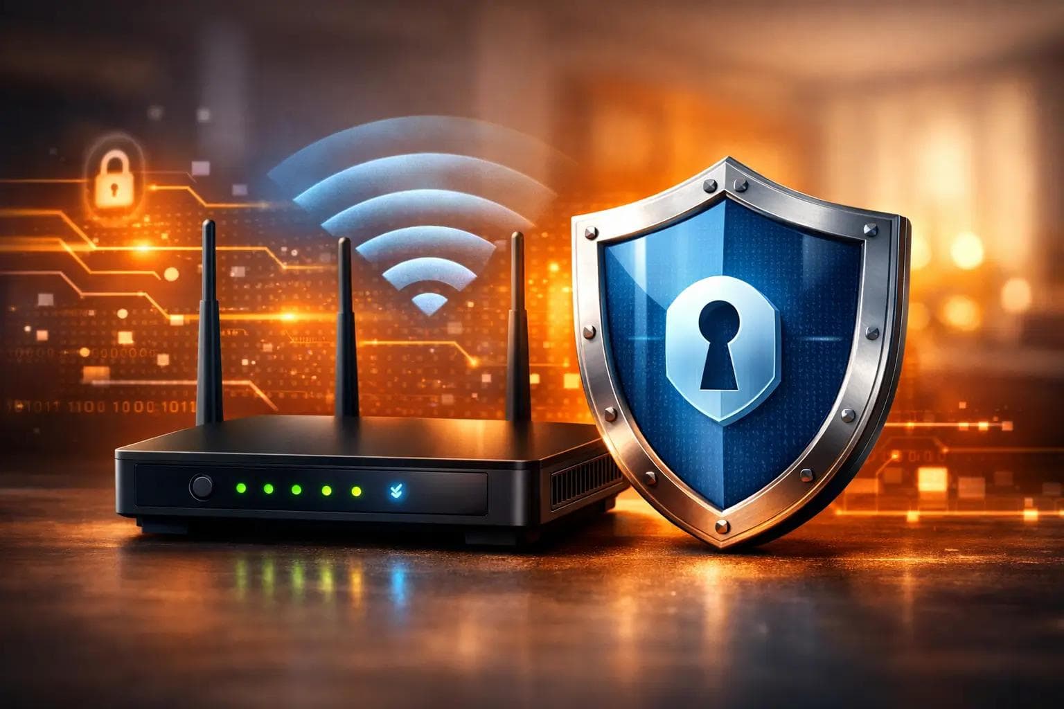 Modern WiFi router with security shield and lock symbol representing secure home wireless network