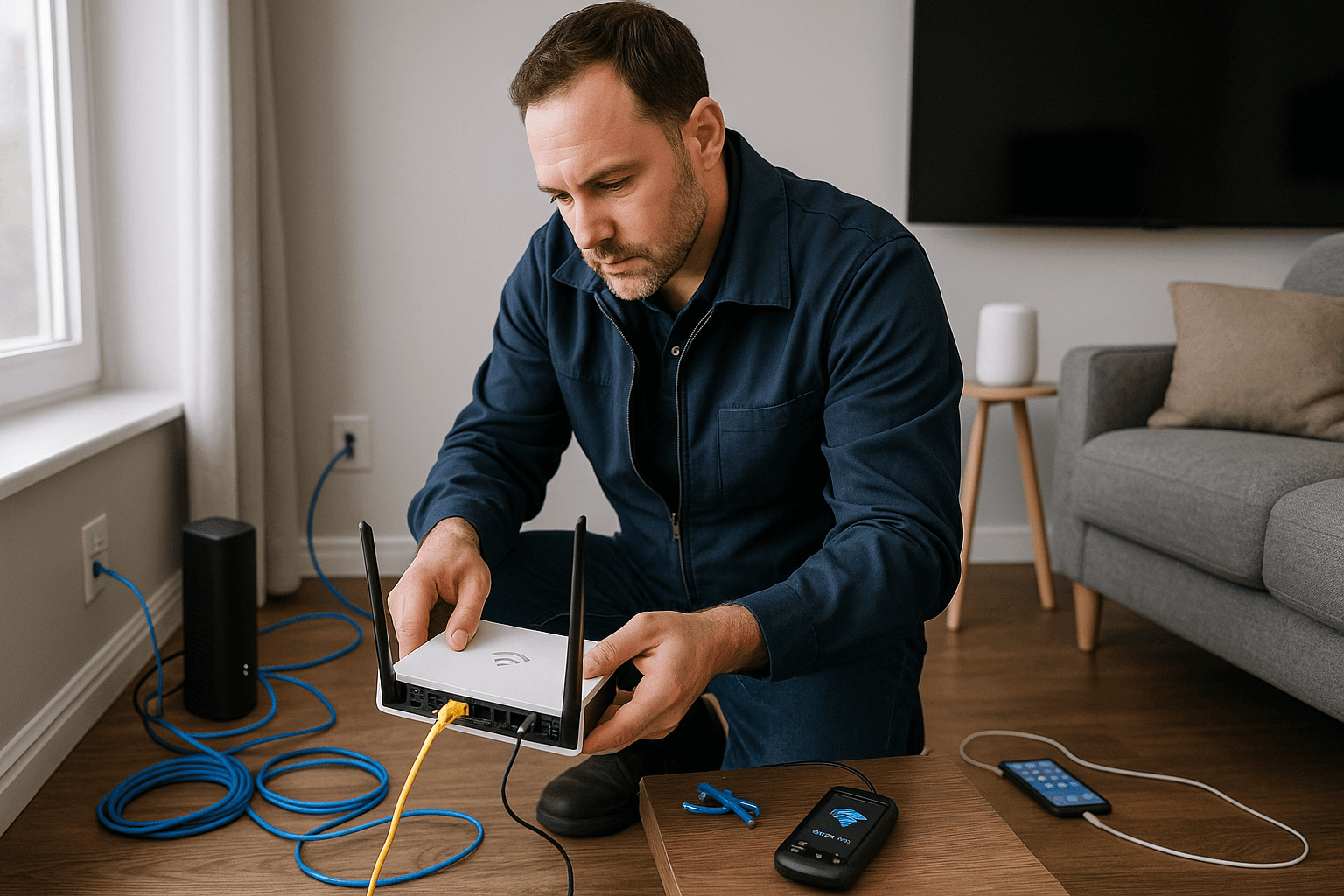 A technician kneeling in a modern living room, connecting a white Wi-Fi router to a modem. Ethernet cables, tools, and a smartphone are nearby, with natural light coming from a window and a TV and sofa in the background