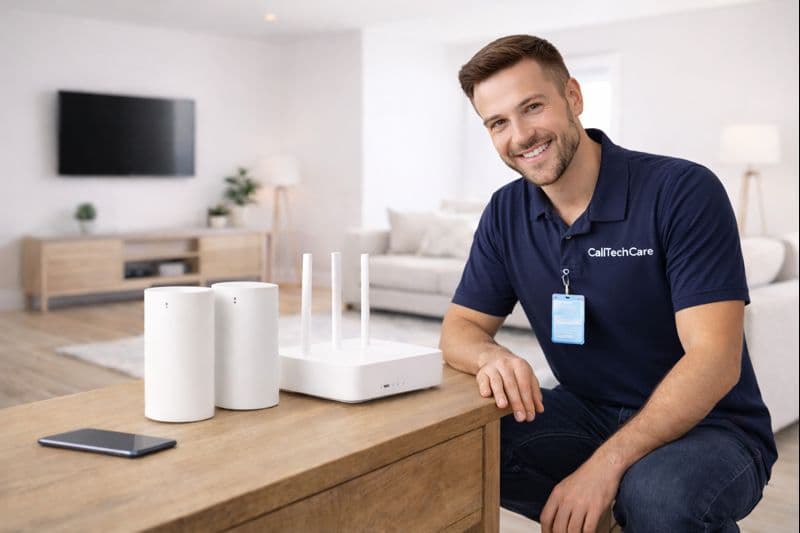 CallTechCare technician setting up a clean, cable-hidden Wi-Fi system in a modern home