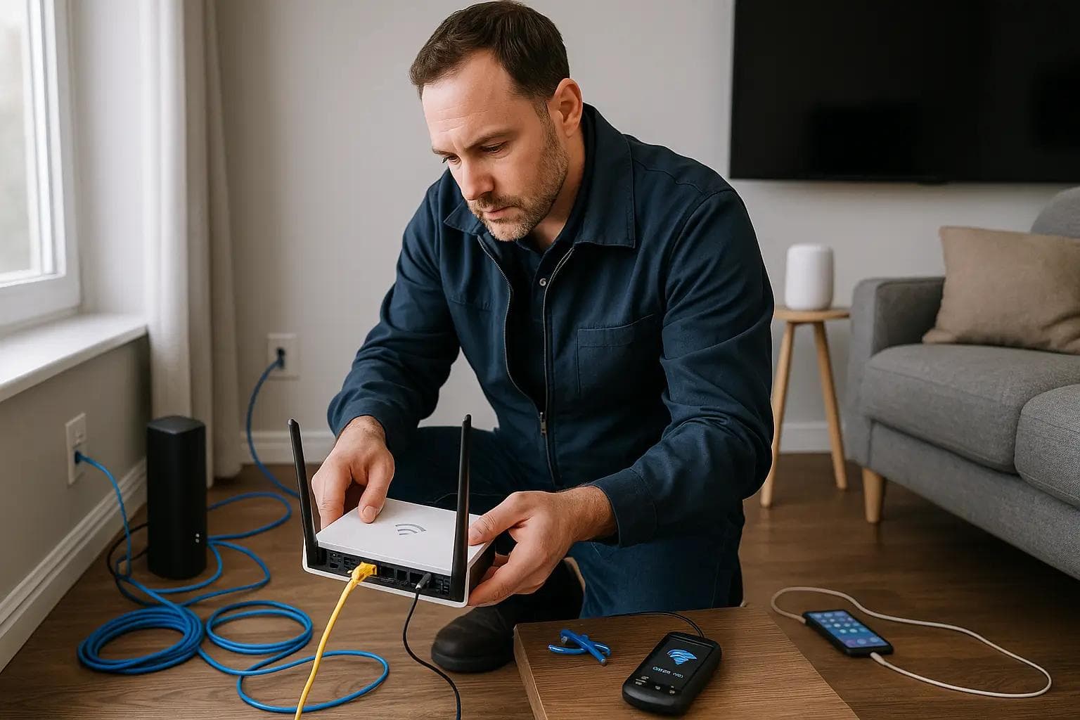 A technician kneeling in a modern living room, connecting a white Wi-Fi router to a modem. Ethernet cables, tools, and a smartphone are nearby, with natural light coming from a window and a TV and sofa in the background