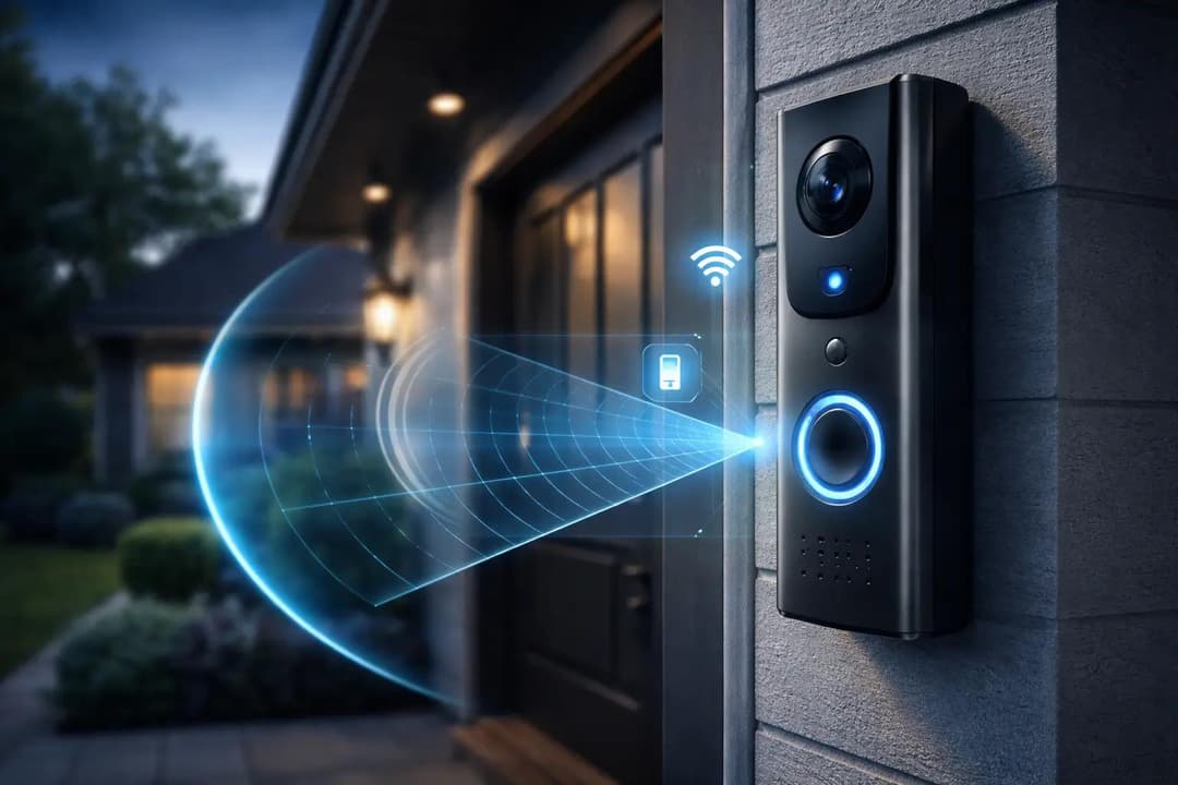 Smart video doorbell with WiFi connection and motion detection installed at a home entrance