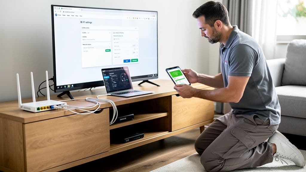 Technician optimizing a home Wi-Fi router to fix unstable internet connection and improve network coverage