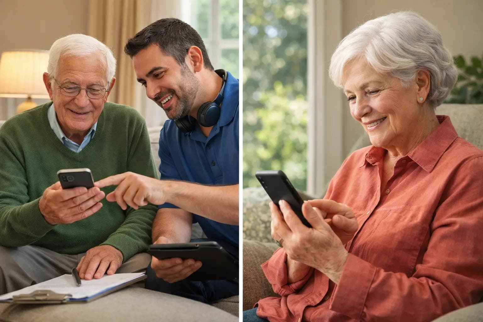 Senior comfortably using a smartphone at home after spam call protection setup