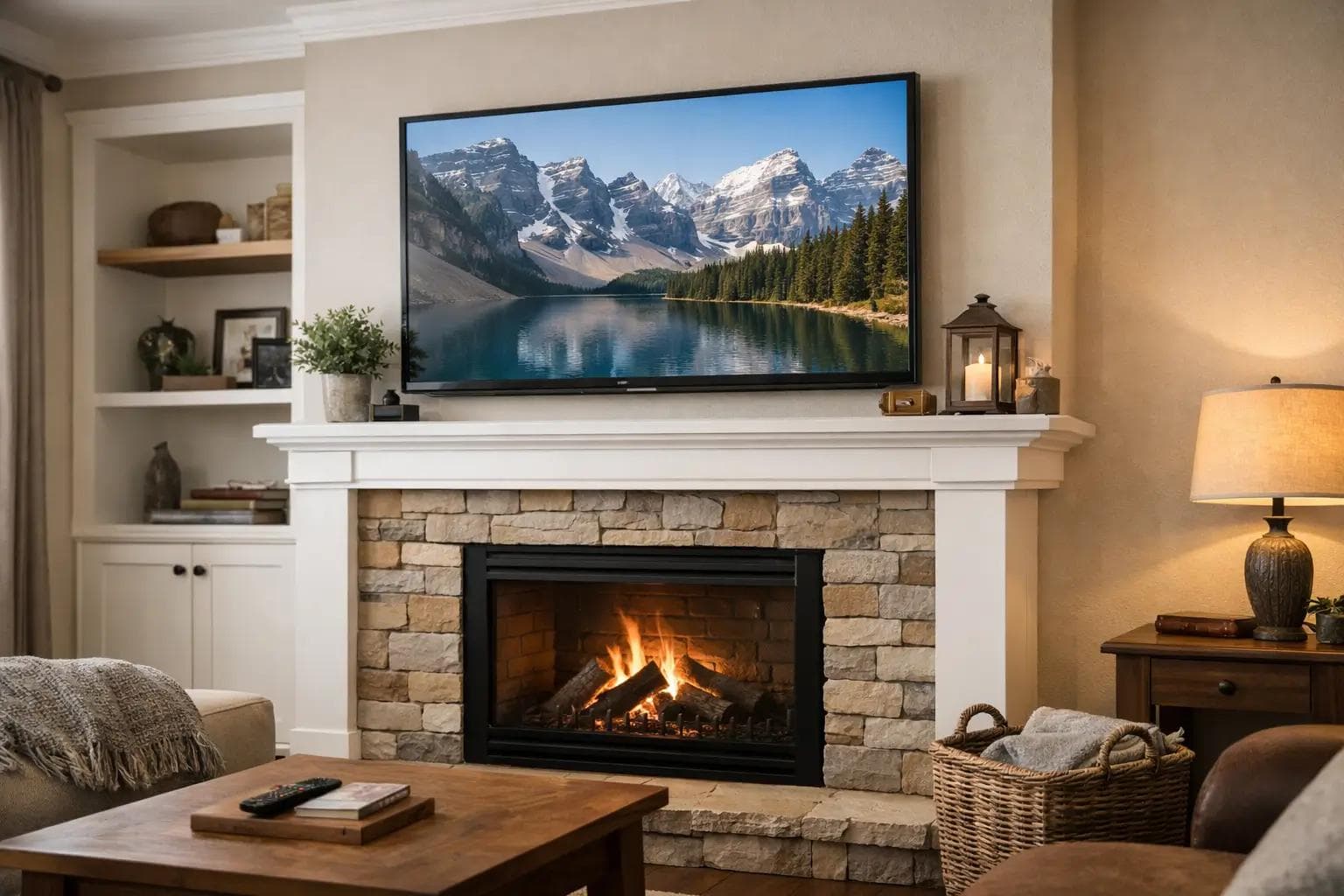 Wall-mounted TV installed above a stone fireplace with tilt mount and hidden cables in a modern living room