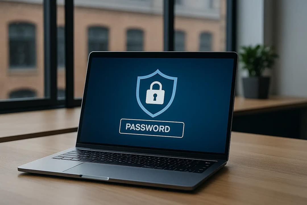 Laptop displaying password security screen with lock icon representing protected online accounts