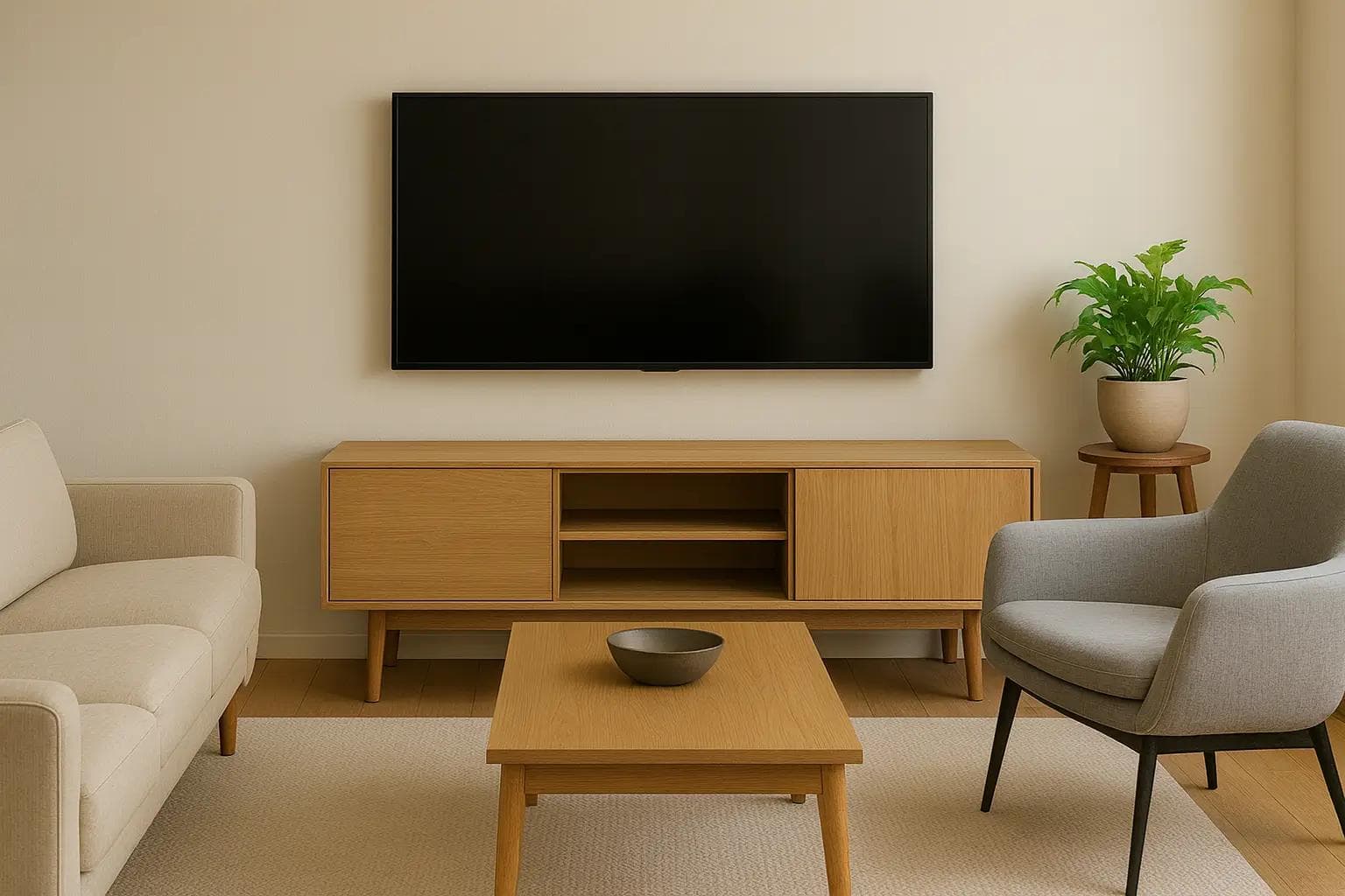 Modern living room with a wall-mounted flat-screen TV above a wooden media console, surrounded by a beige sofa, gray armchair, coffee table, and indoor plant.