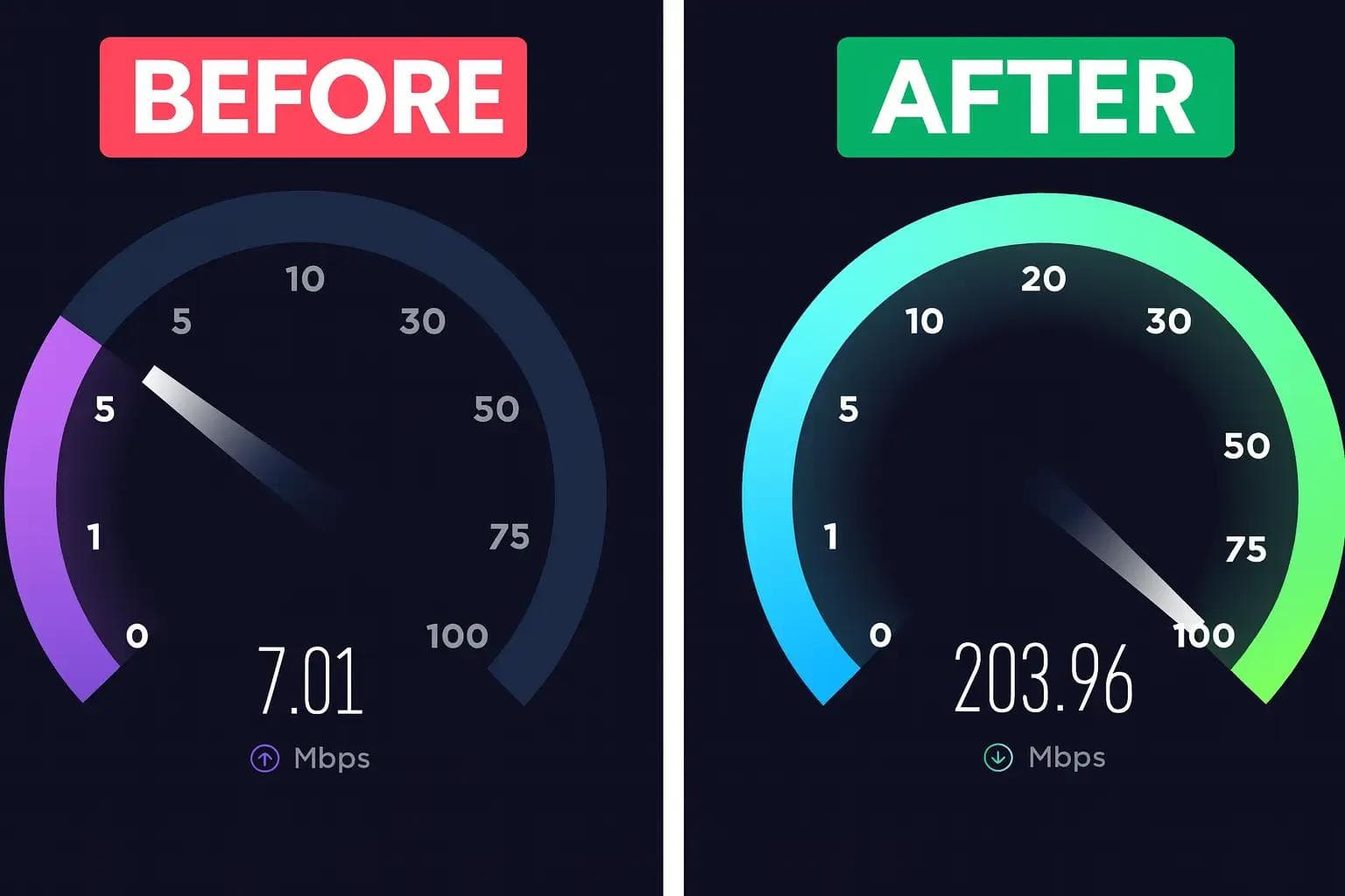 Side-by-side comparison of internet speed test results showing a slow 7 Mbps connection before optimization and a much faster 203 Mbps connection after optimization