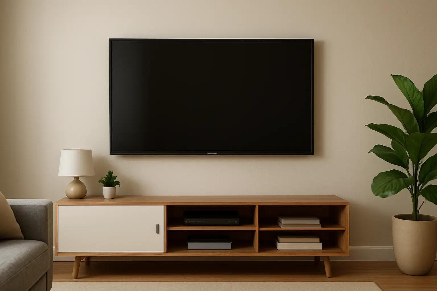 Wall-mounted flat screen TV above a media console in a modern living room