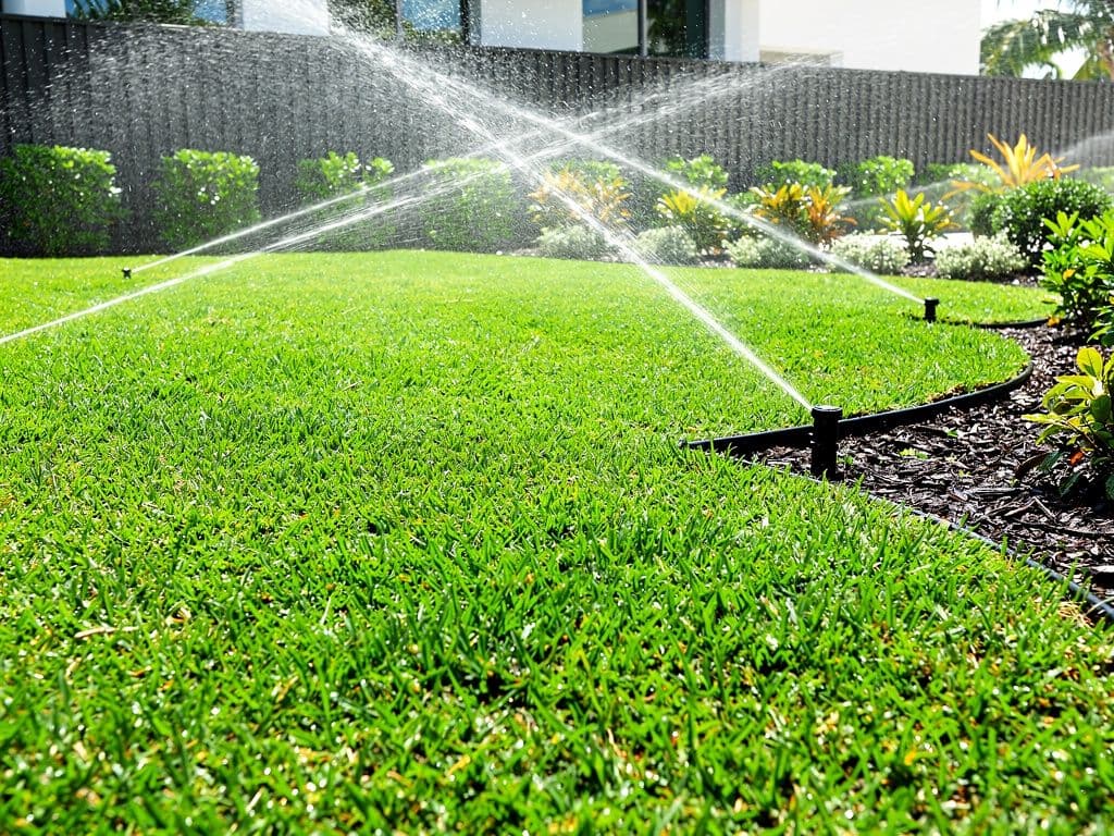 Professional residential sprinkler system with rotors installed along the lawn edge, spraying even water coverage across a green landscaped yard.