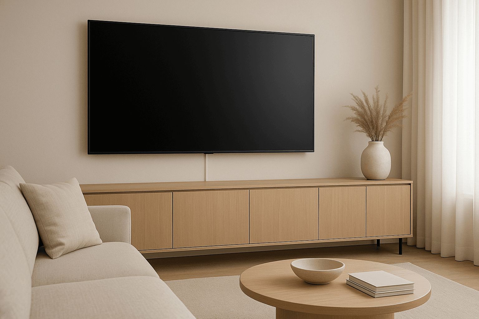 A large wall-mounted TV in a modern beige living room with a concealed cable running neatly down to a light-wood media console, surrounded by minimalist furniture and soft natural lighting.