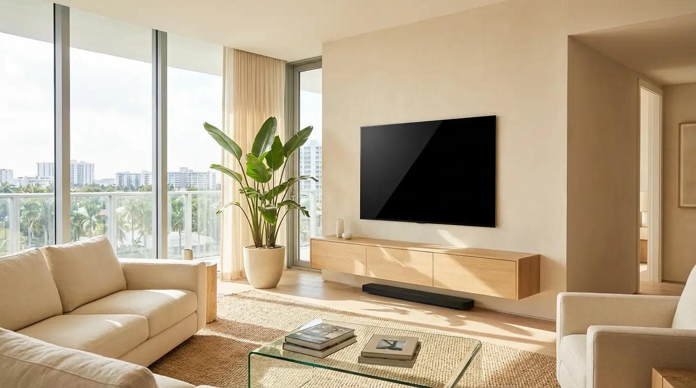 Professionally wall-mounted flat-screen TV with concealed cables in a modern Miami high-rise living room with natural light and minimalist decor.