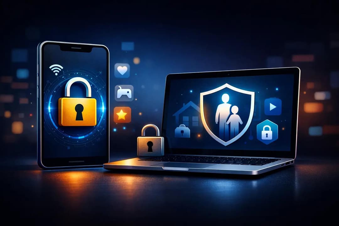 Smartphone and laptop with security shield and lock icons representing parental controls and child device protection