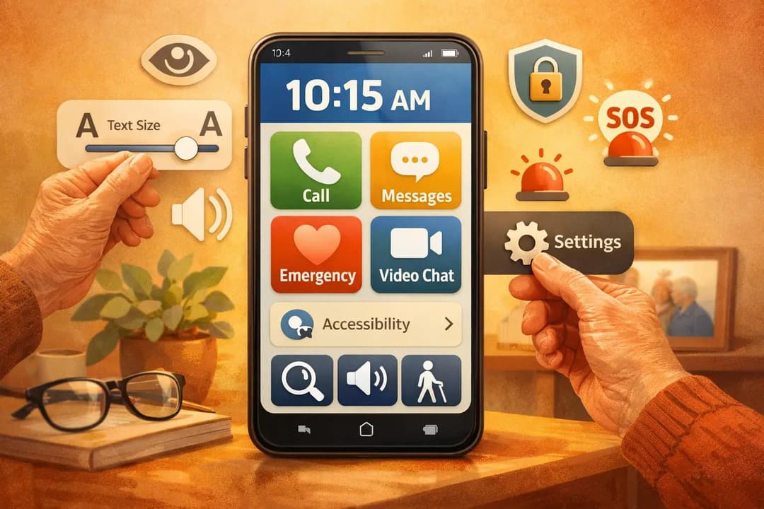 Senior adjusting smartphone accessibility settings with large text and emergency features enabled