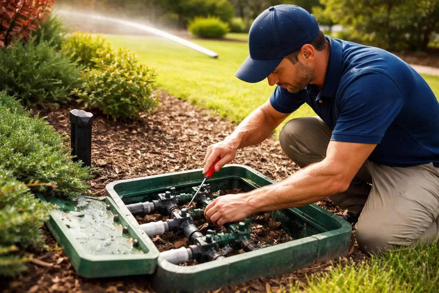 Technician repairing residential sprinkler irrigation system with exposed valves and PVC pipes in landscaped yard