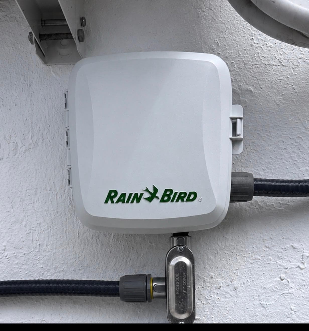 Rain Bird outdoor sprinkler controller mounted on a stucco wall with irrigation wiring conduit connected.