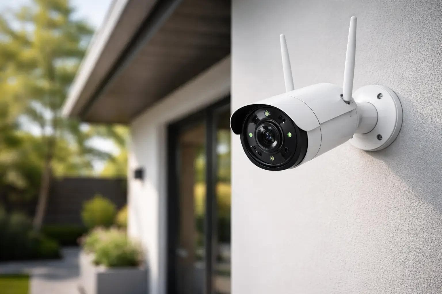 Wireless outdoor security camera mounted on exterior wall of a home for property monitoring