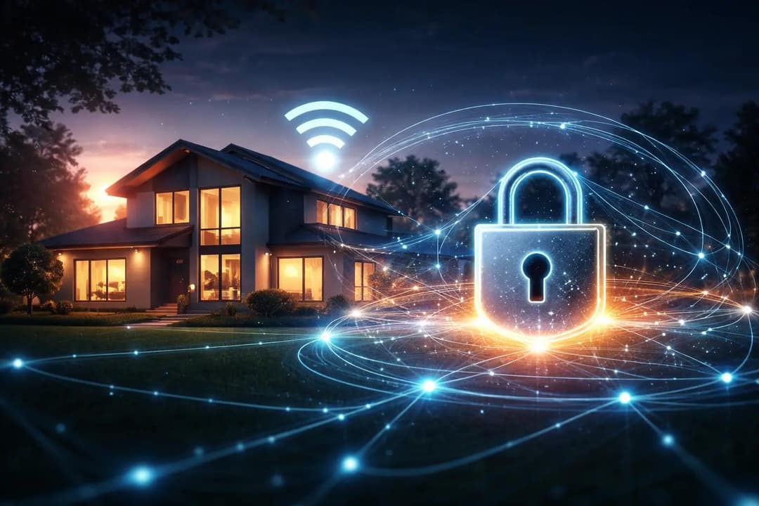 Secure home WiFi network protected by VPN encryption and firewall security technology