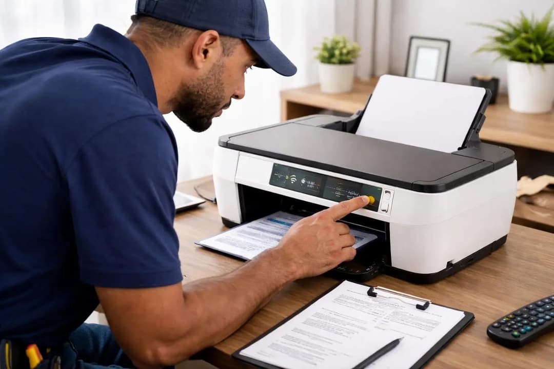 Technician troubleshooting a wireless home printer during document printing