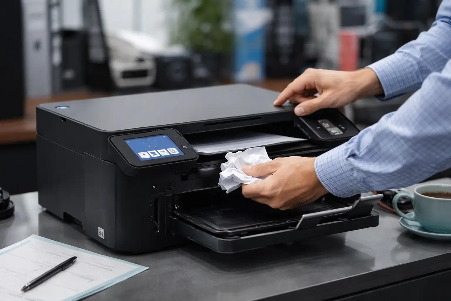 Technician clearing a paper jam from an office printer during professional printer troubleshooting.