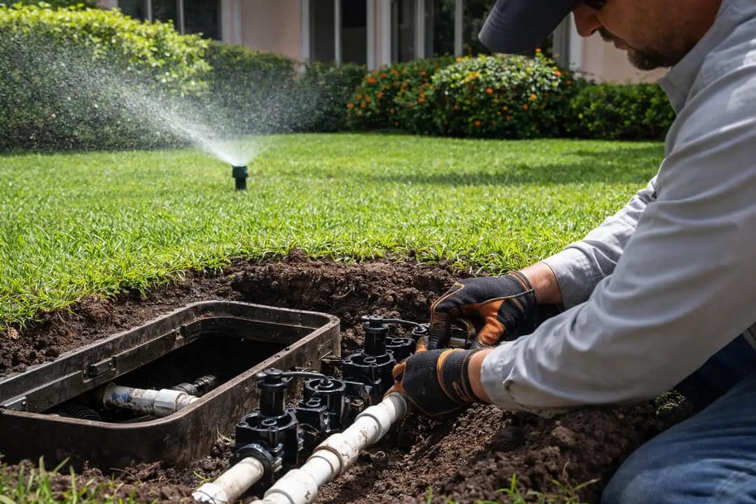 Professional sprinkler repair in Miami with irrigation valves and PVC pipes exposed in residential yard.