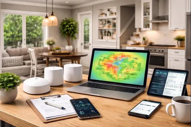 Whole-home Wi-Fi coverage assessment showing a heatmap, router, and connected devices