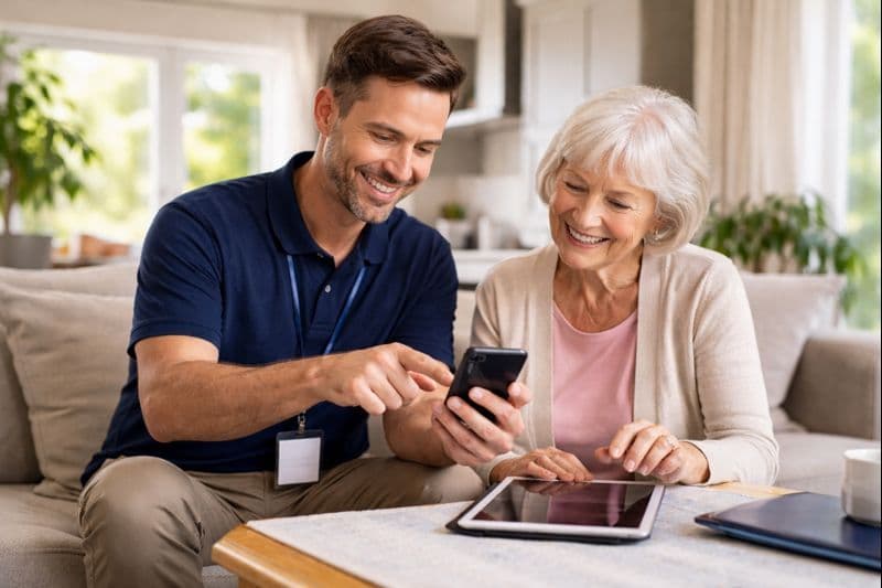 Technician helping a senior use a smartphone and tablet at home