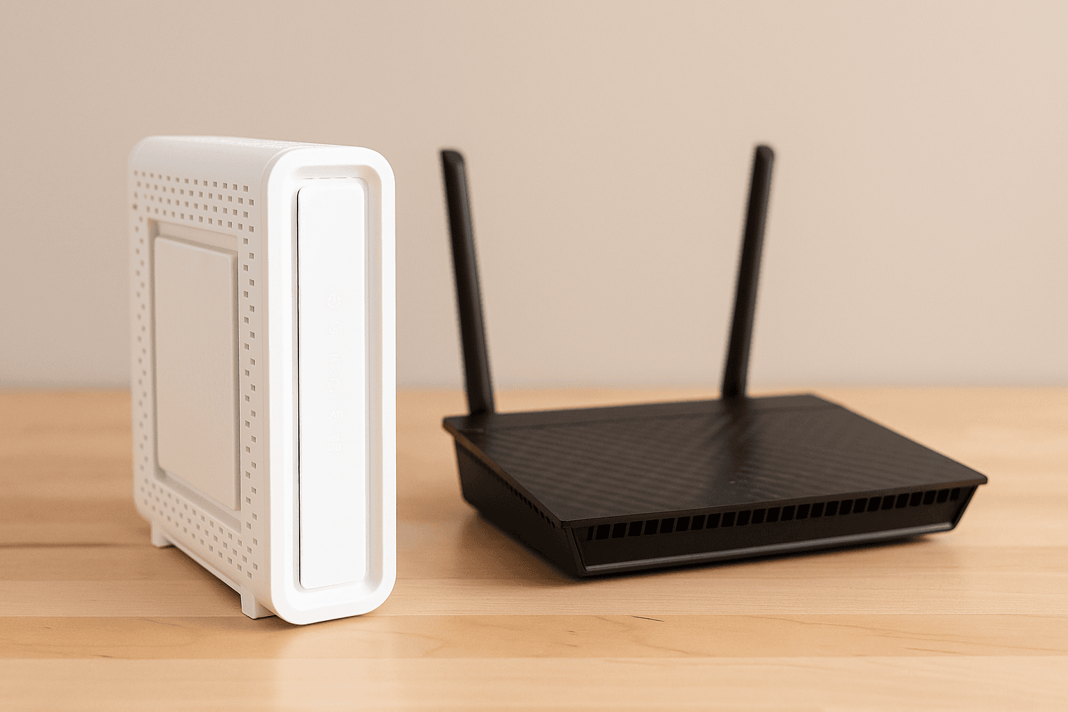 A white cable modem and a black Wi-Fi router with dual antennas placed on a wooden surface in a modern, neutral-colored room.