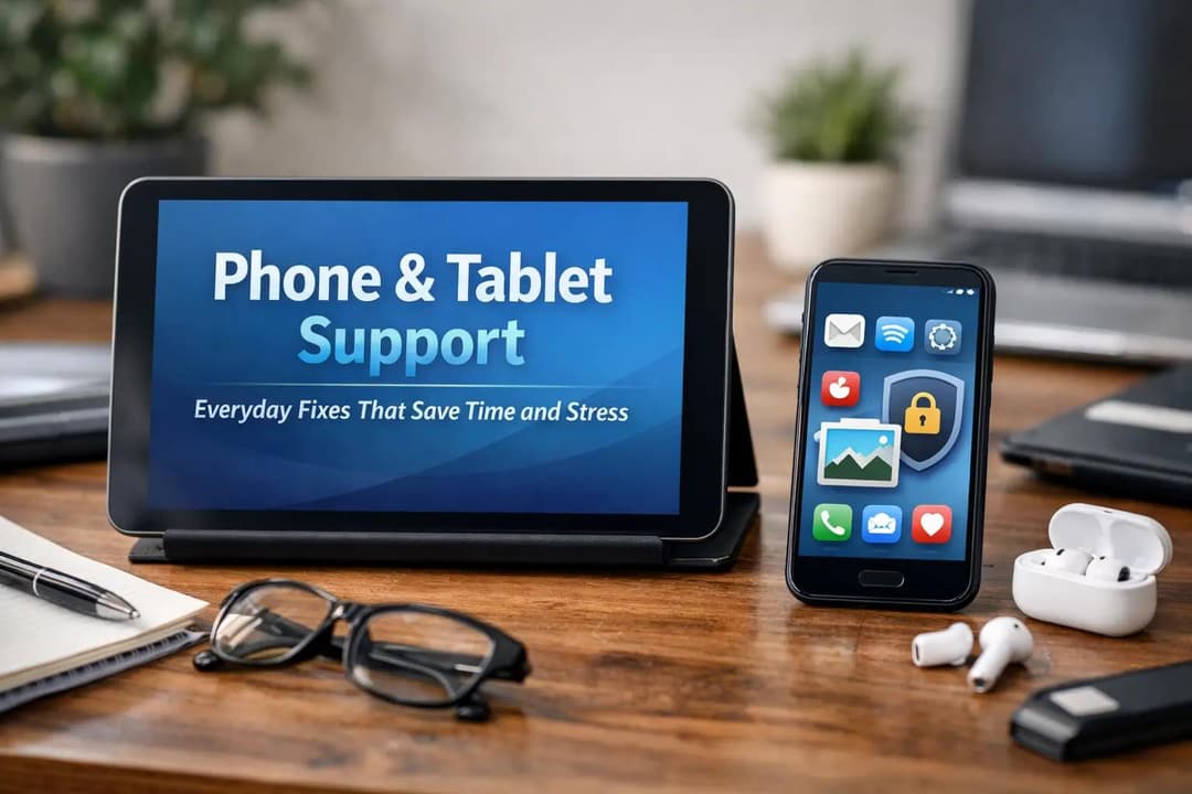 Tablet and smartphone on a desk showing phone and tablet support for everyday device troubleshooting