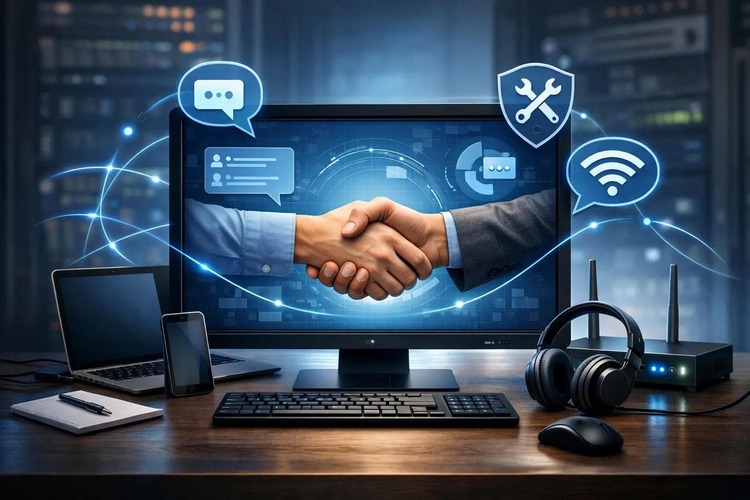 Remote tech support concept showing secure online IT assistance across computer, Wi-Fi, and devices