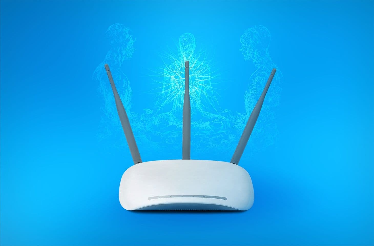 Wi-Fi router with three antennas, with abstract human silhouettes formed from signal lines in the background.